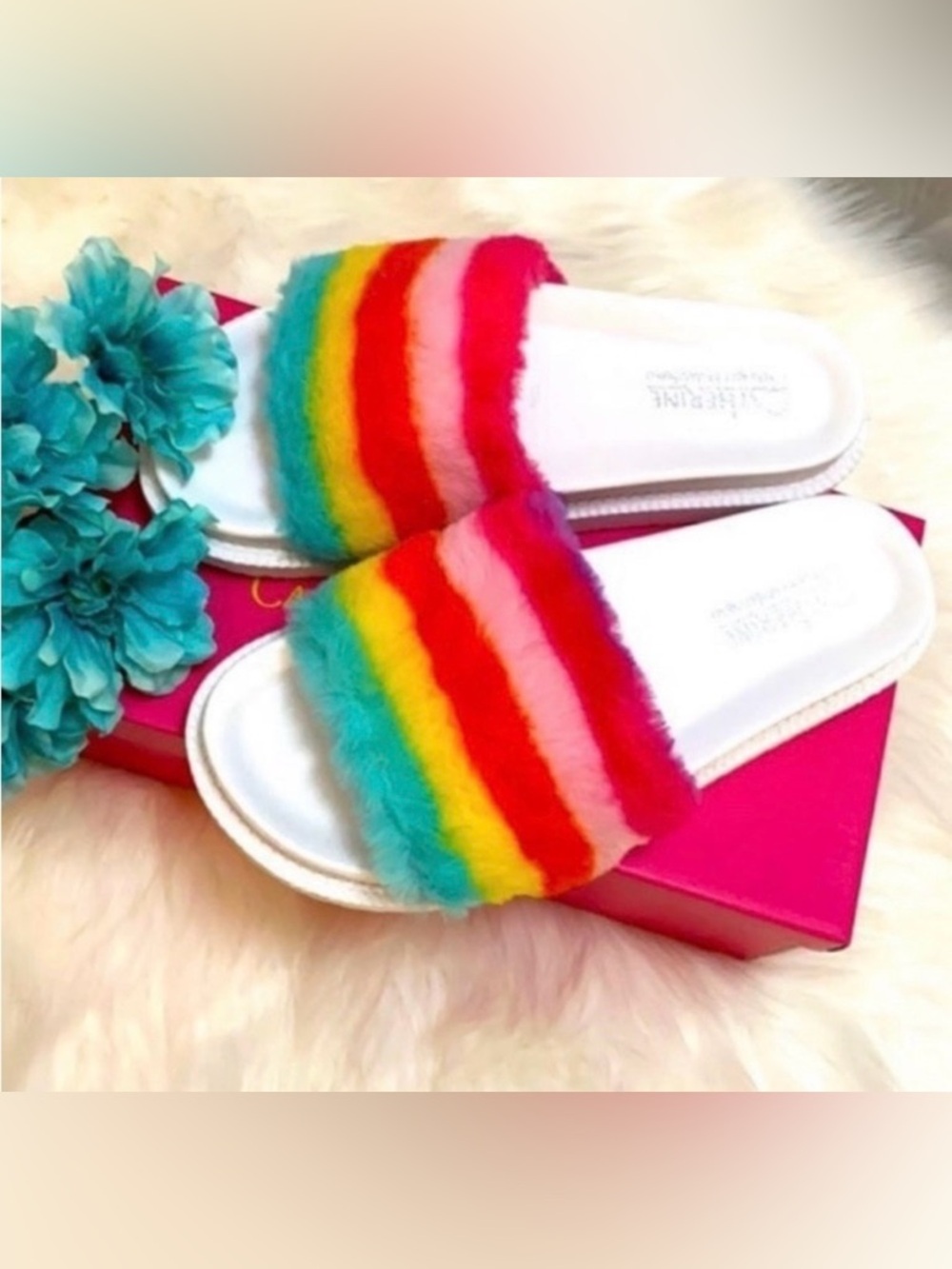 Catherine Malandrino Rainbow Fur Slides Sandal Flat Shoes Sz 7 NEW! FIRM!!!